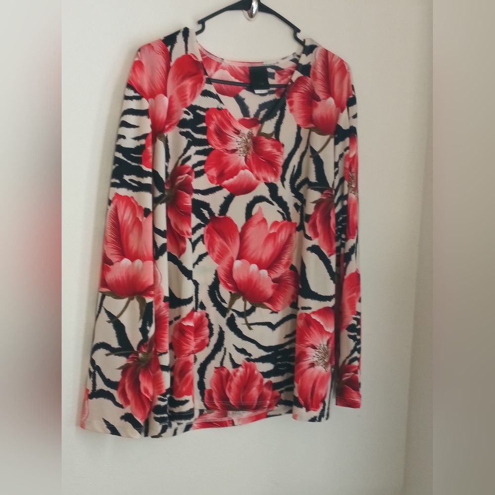JTB Blouse Women 1X Red, White, And Black Floral Zebra Print Elegant Versatile